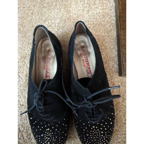 Sabrina Spain black suede lace up loafers silver studded sz 37 euc - Picture 2 of 6